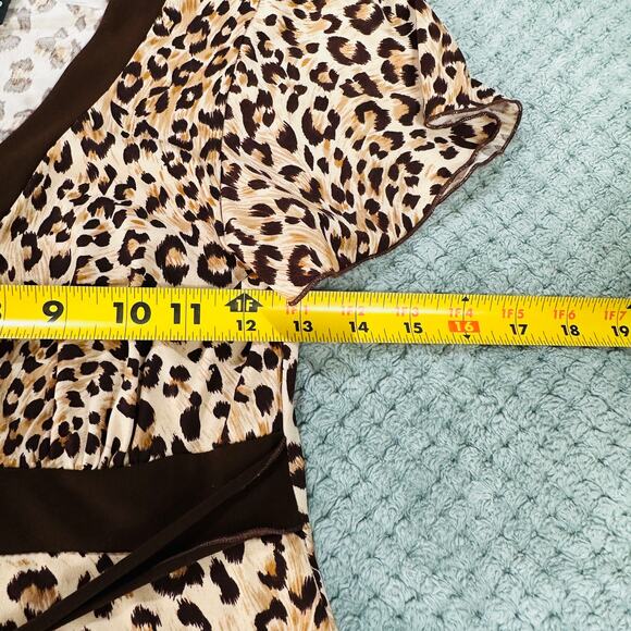 VINTAGE RETRO Y2K LEOPARD DARK BROWN BABYDOLL SHORT SLEEVE BLOUSE M - Picture 5 of 6